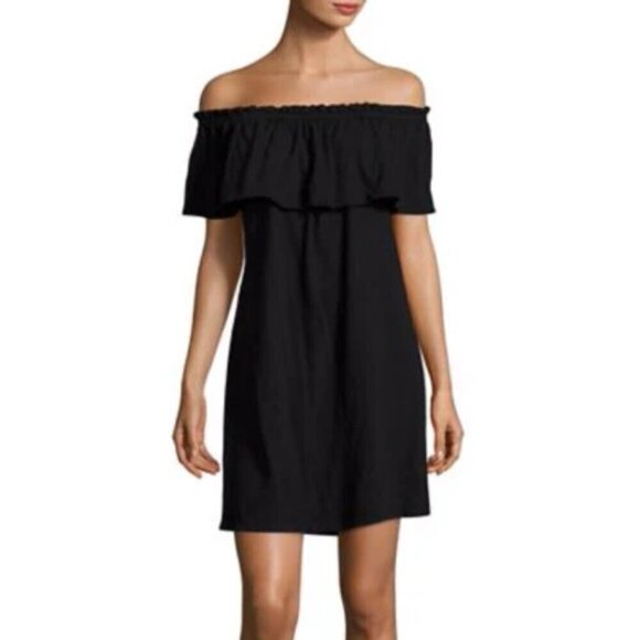 Current Elliott Dress Small Black Off Shoulder Mini Ruffled A-line Cotton Jersey - Picture 1 of 8